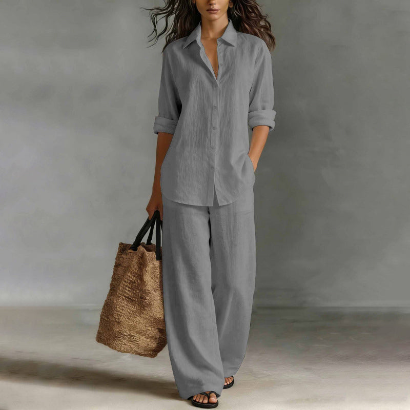 Conjunto de camisa abotonada y pantalón ancho fluido 3