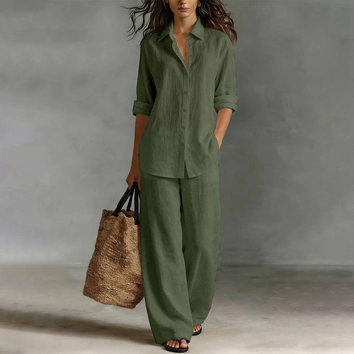 Conjunto de camisa abotonada y pantalón ancho fluido 5