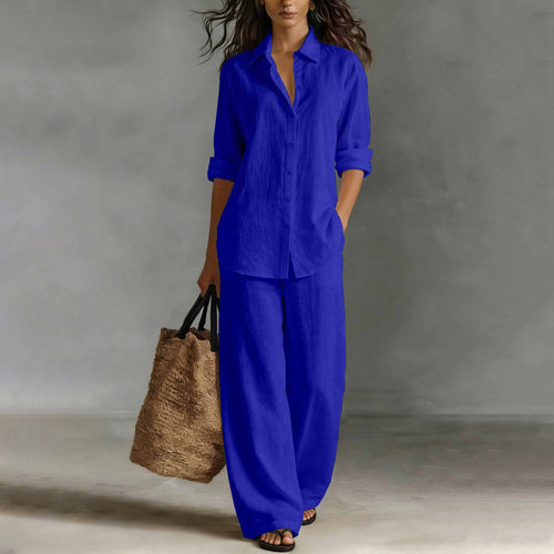 Conjunto de camisa abotonada y pantalón ancho fluido 6
