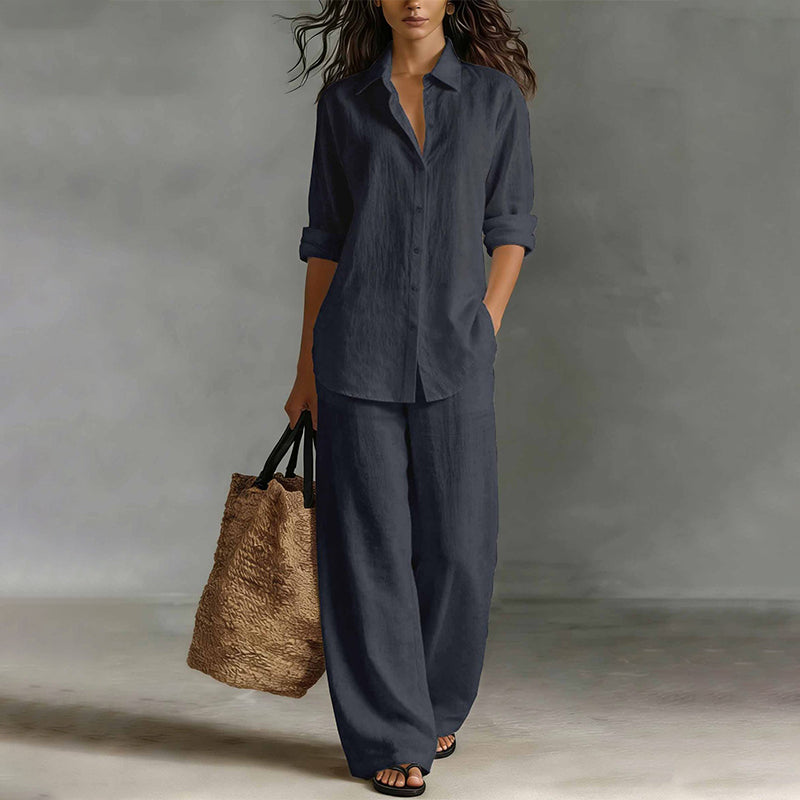 Conjunto de camisa abotonada y pantalón ancho fluido 7