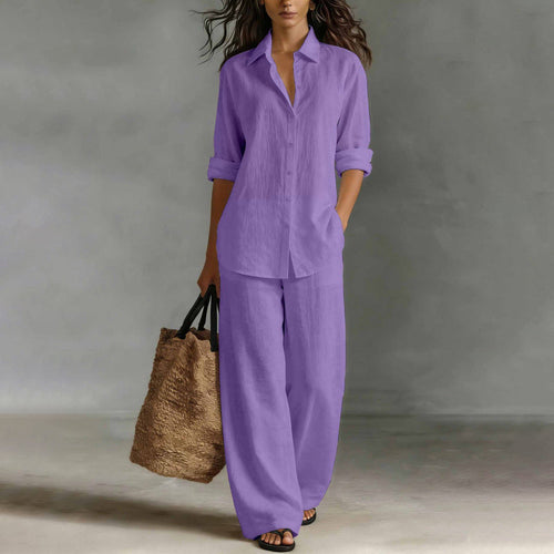 Conjunto de camisa abotonada y pantalón ancho fluido 9