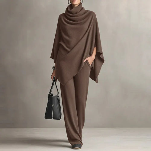 Conjunto de capa drapeada con cuello alto y pantalón ancho 2