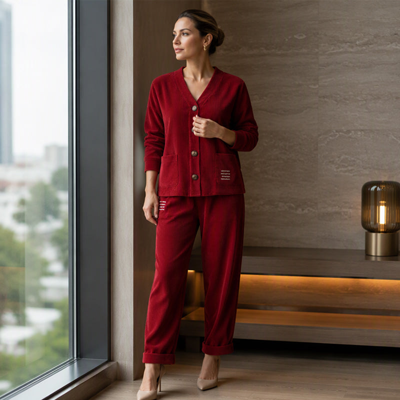 Conjunto de chaqueta abotonada con escote en V y pantalón 2