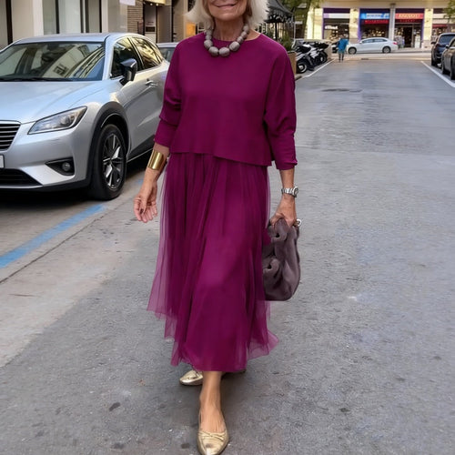 Conjunto de dos piezas con blusa corta y vestido largo fluido 5