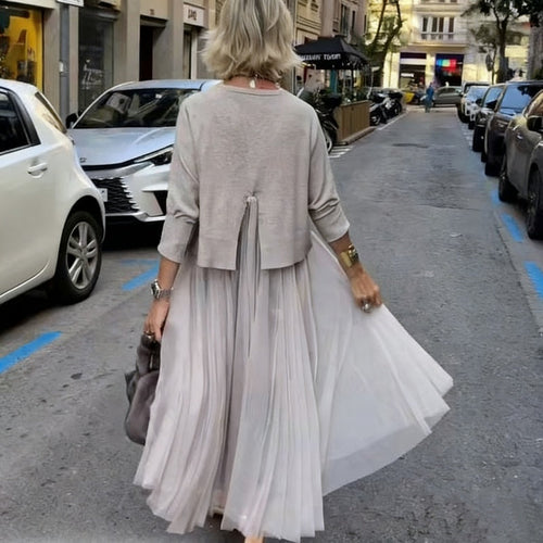 Conjunto de dos piezas con blusa corta y vestido largo fluido 9
