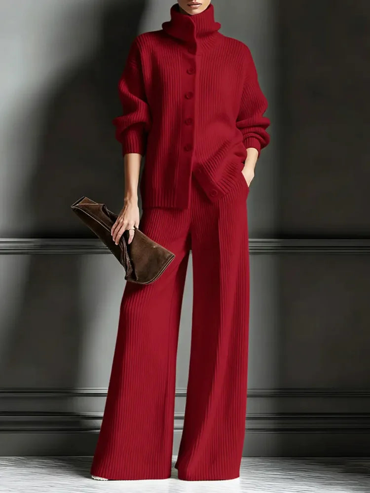 Conjunto de punto con cárdigan de cuello alto y pantalón ancho 1