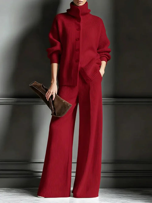 Conjunto de punto con cárdigan de cuello alto y pantalón ancho 1
