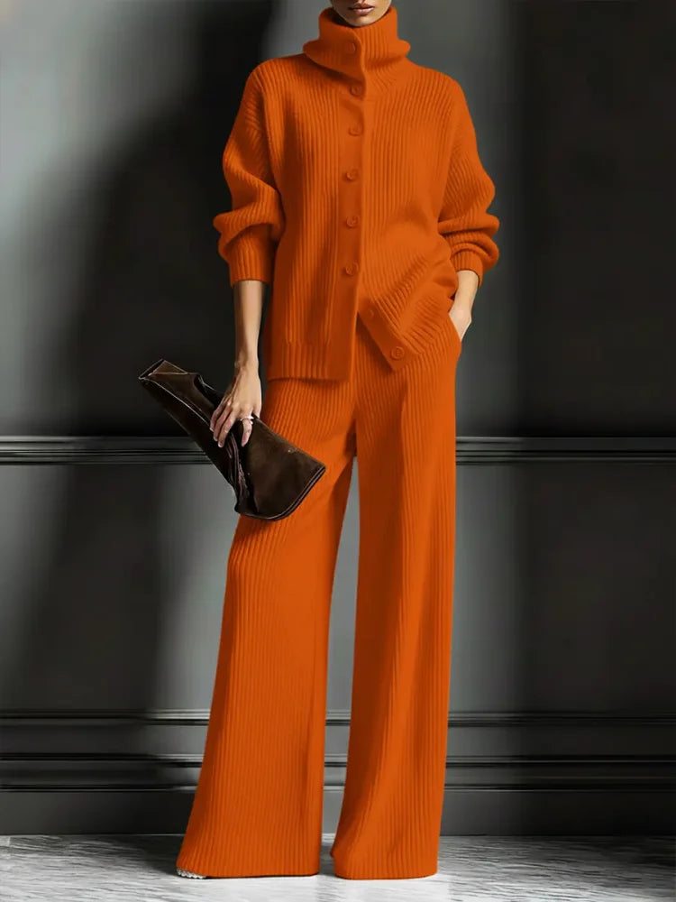 Conjunto de punto con cárdigan de cuello alto y pantalón ancho 2
