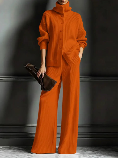 Conjunto de punto con cárdigan de cuello alto y pantalón ancho 2