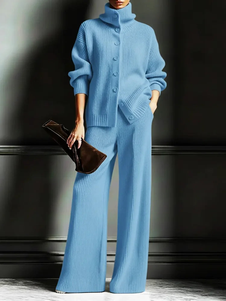 Conjunto de punto con cárdigan de cuello alto y pantalón ancho 3