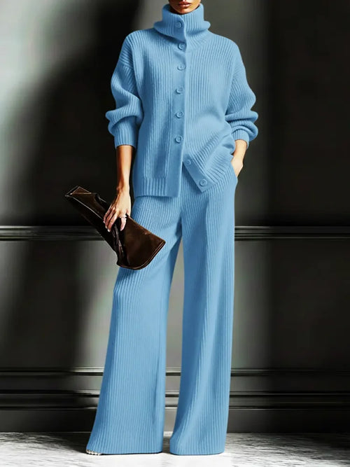 Conjunto de punto con cárdigan de cuello alto y pantalón ancho 3