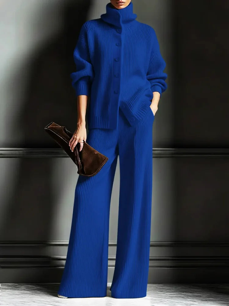 Conjunto de punto con cárdigan de cuello alto y pantalón ancho 5