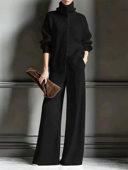 Conjunto de punto con cárdigan de cuello alto y pantalón ancho 6