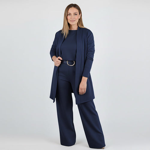 Conjunto de tres piezas con cárdigan largo, blusa y pantalón 2