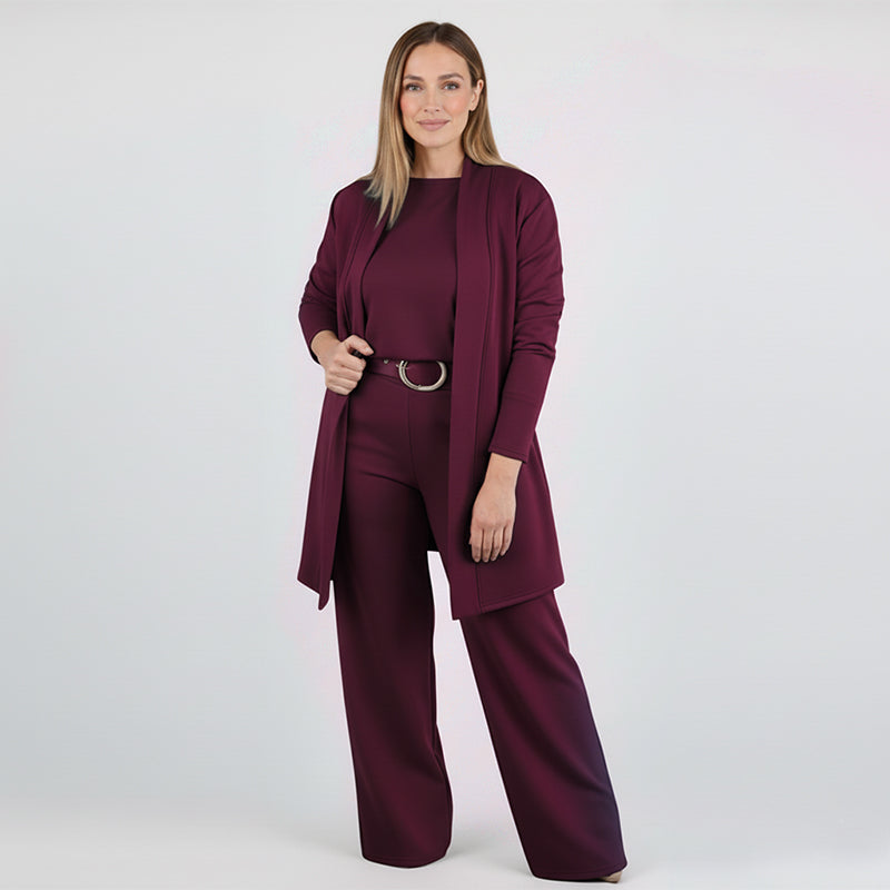 Conjunto de tres piezas con cárdigan largo, blusa y pantalón 3