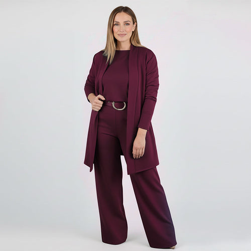 Conjunto de tres piezas con cárdigan largo, blusa y pantalón 3