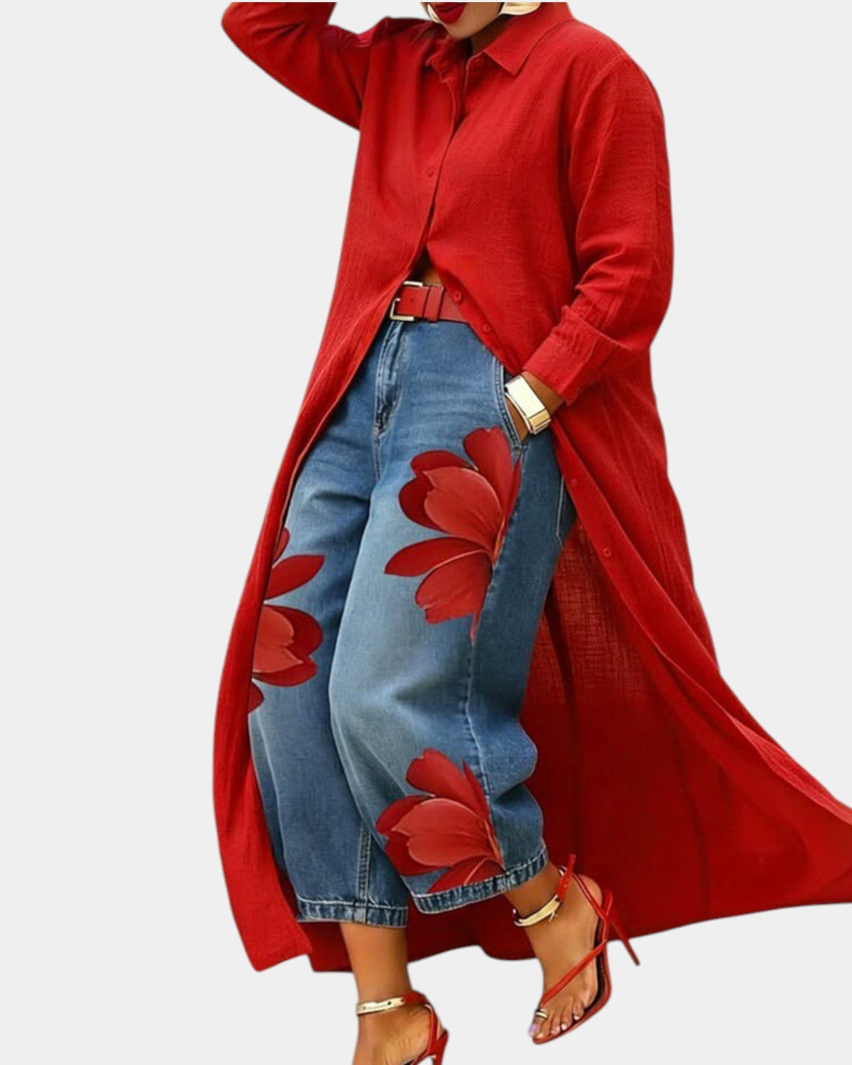 Conjunto de vestido camisero largo y vaquero ancho floral 1