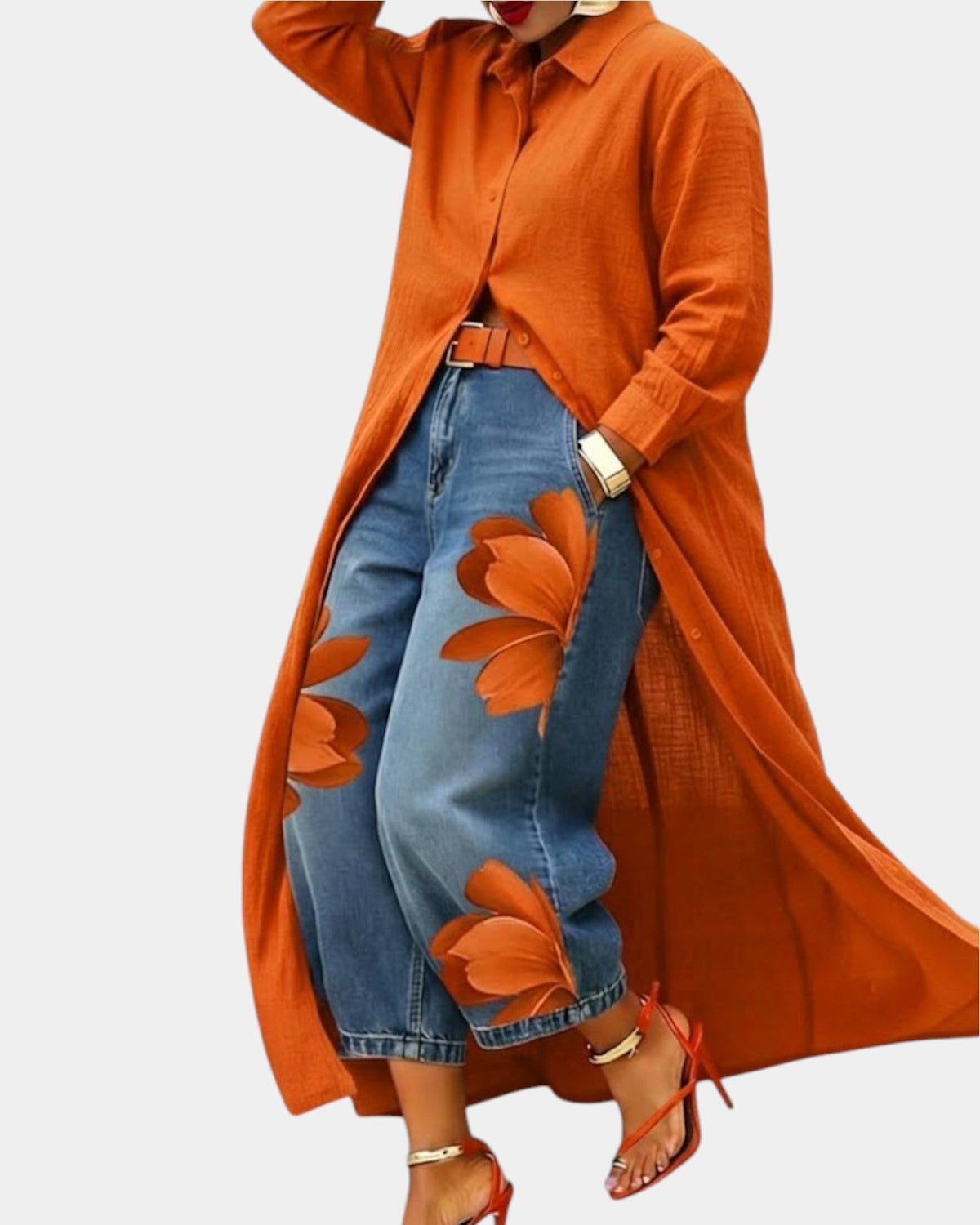 Conjunto de vestido camisero largo y vaquero ancho floral 3