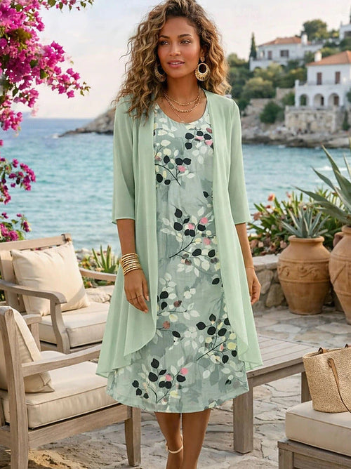 Conjunto de vestido floral midi con cárdigan a juego 1