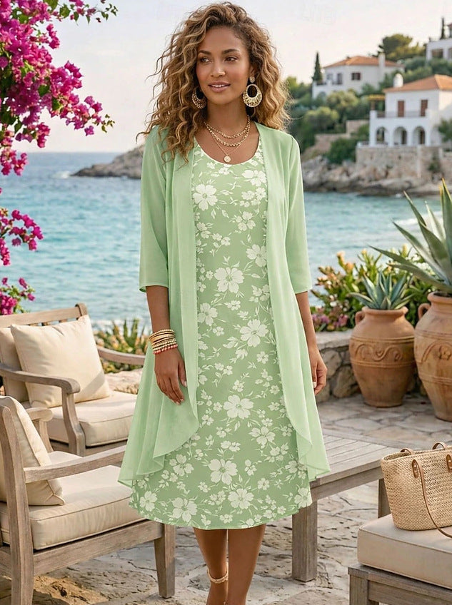 Conjunto de vestido floral midi con cárdigan a juego 15