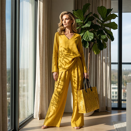 Conjunto fluido con blusa de escote en V y pantalón ancho elegante 16