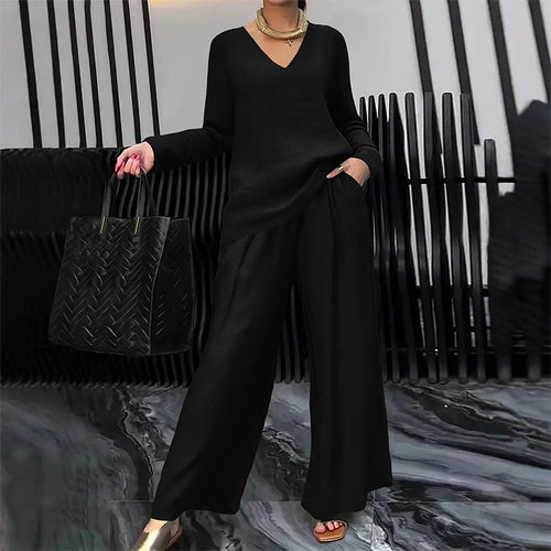 Conjunto fluido con blusa de escote en V y pantalón ancho elegante 2