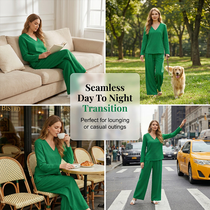Conjunto fluido con blusa de escote en V y pantalón ancho elegante 20