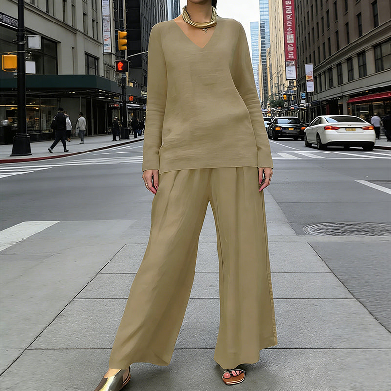 Conjunto fluido con blusa de escote en V y pantalón ancho elegante 21