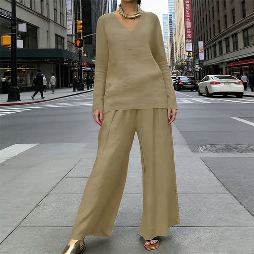 Conjunto fluido con blusa de escote en V y pantalón ancho elegante 21