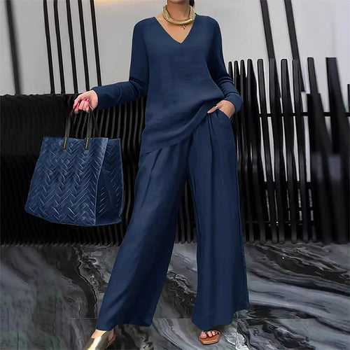 Conjunto fluido con blusa de escote en V y pantalón ancho elegante 3