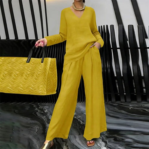 Conjunto fluido con blusa de escote en V y pantalón ancho elegante 4