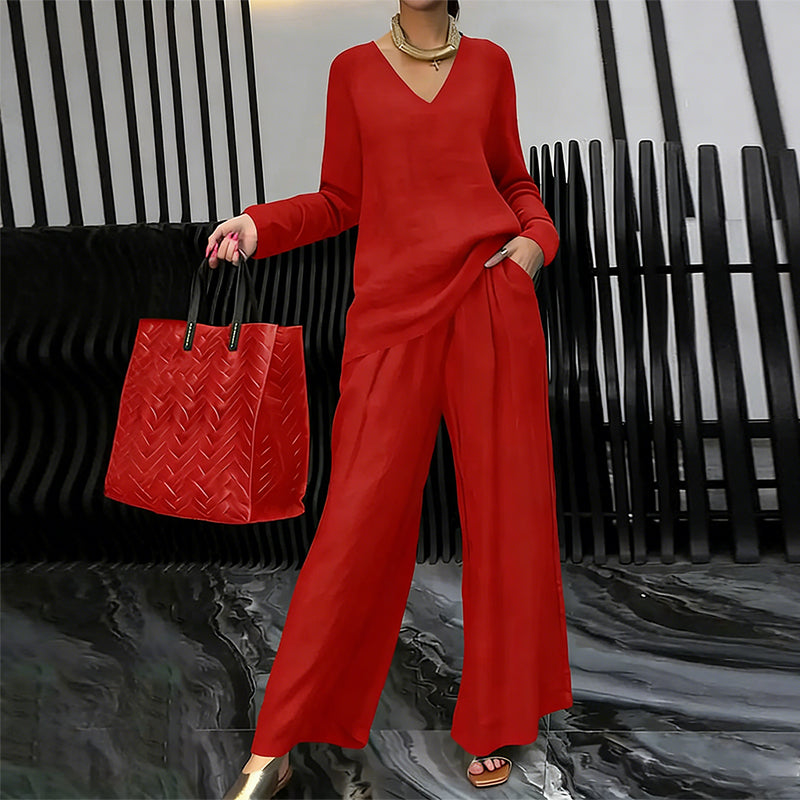 Conjunto fluido con blusa de escote en V y pantalón ancho elegante 5