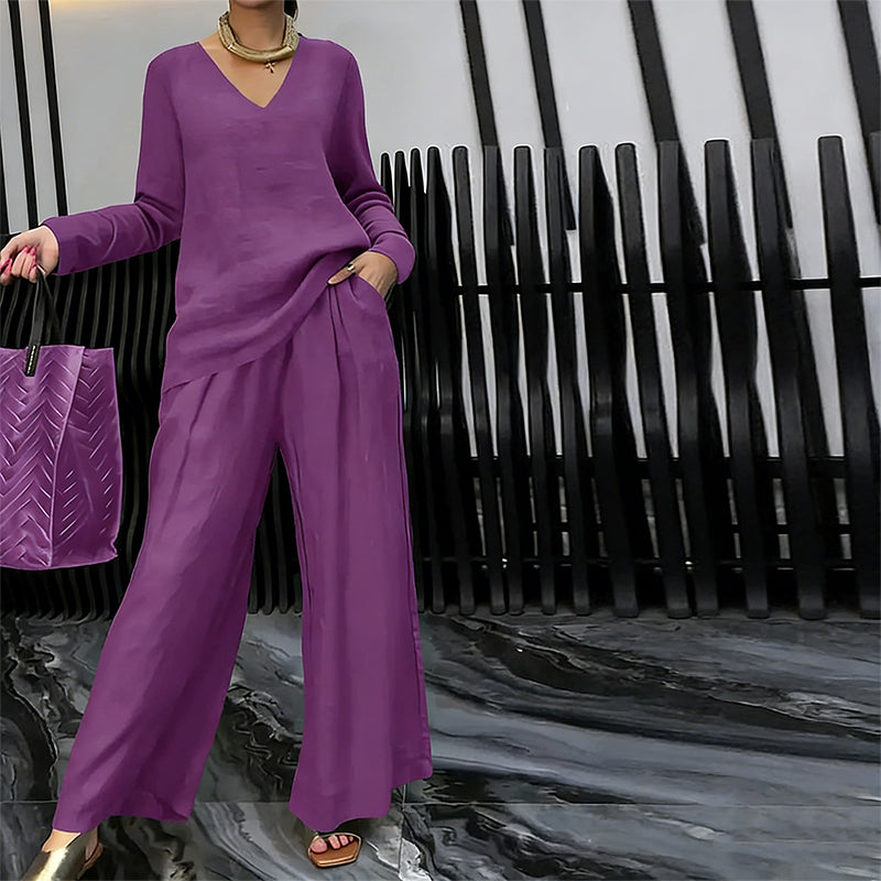 Conjunto fluido con blusa de escote en V y pantalón ancho elegante 6