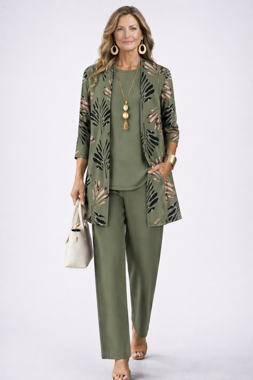 Conjunto mujer de tres piezas con cárdigan abierto y pantalón estampado 1
