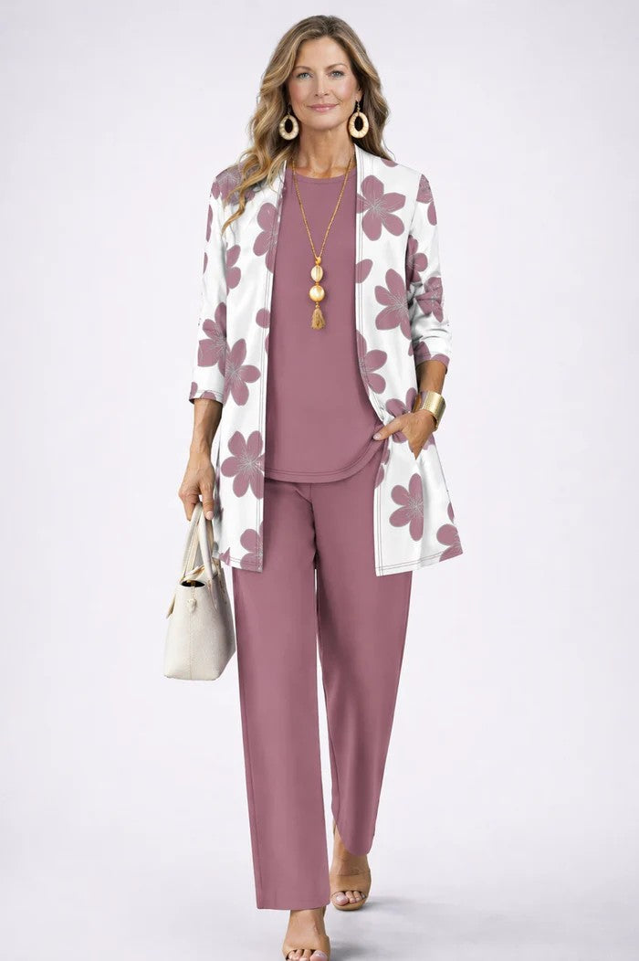 Conjunto mujer de tres piezas con cárdigan abierto y pantalón estampado 11