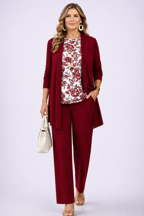 Conjunto mujer de tres piezas con cárdigan abierto y pantalón estampado 6