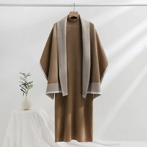 Conjunto mujer dos piezas con cárdigan y vestido midi de cuello alto 3