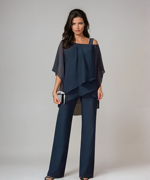 Conjunto mujer dos piezas con top en capas y pantalón ancho 4