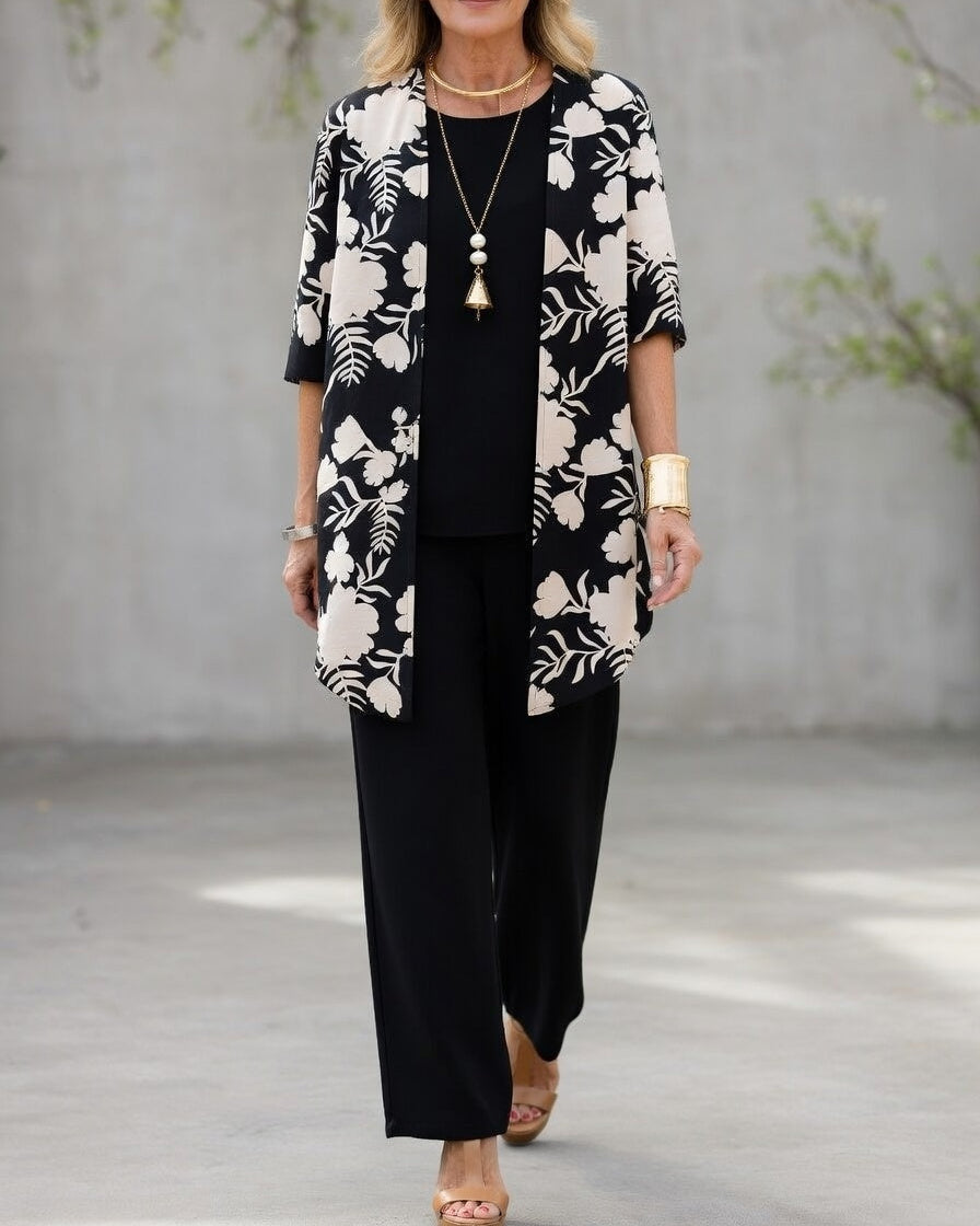Conjunto tres piezas mujer con chaqueta floral y pantalón fluido 3