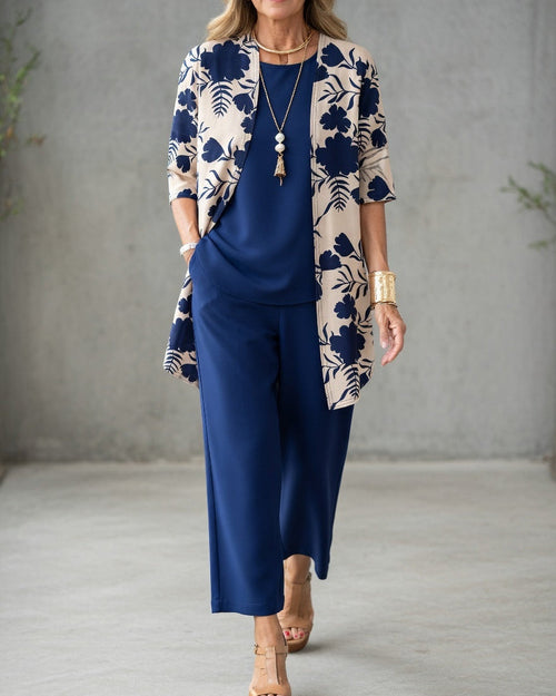 Conjunto tres piezas mujer con chaqueta floral y pantalón fluido 4