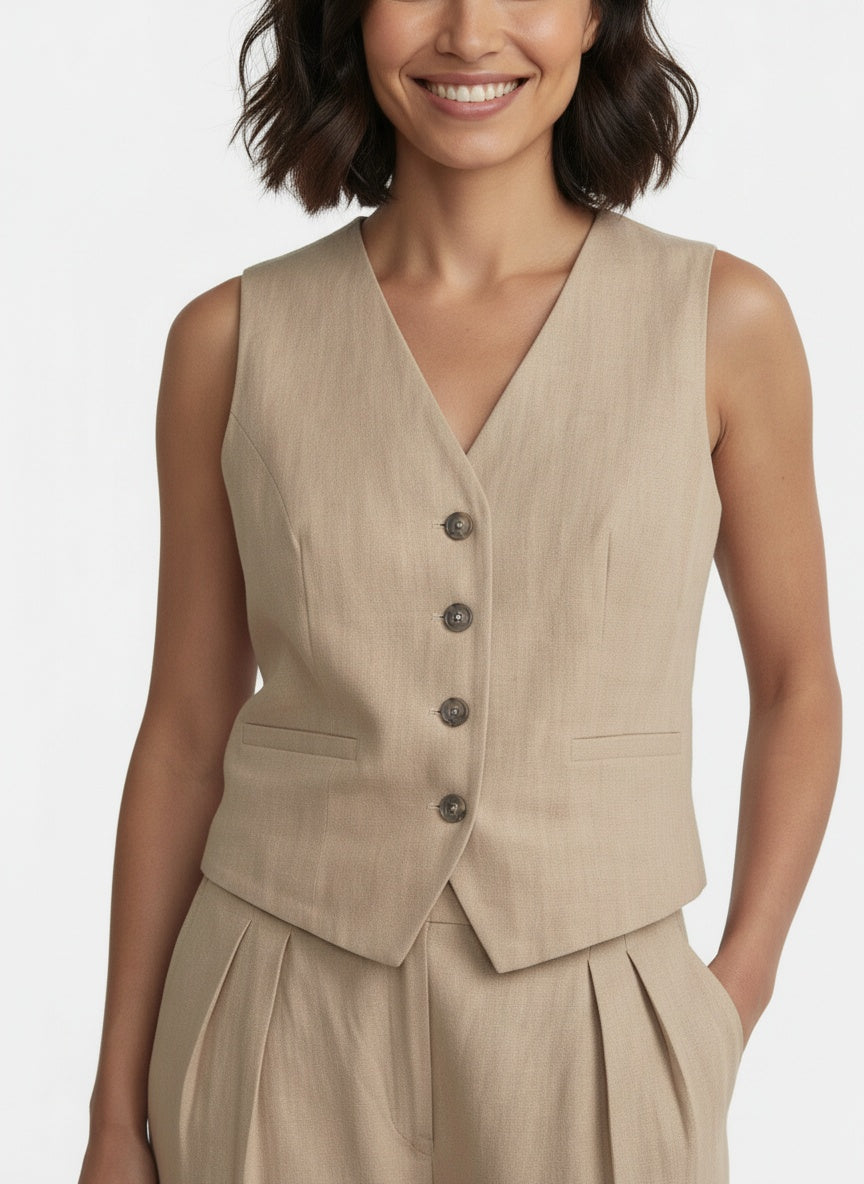 Close-up of the model wearing Traje Conjunto de Lino Mujer Cintura Alta Plisado