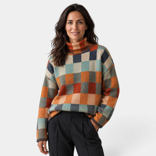 Jersey de cuadros mujer de cuello alto oversize 1