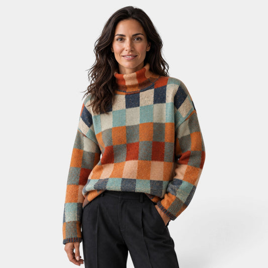 Jersey de cuadros mujer de cuello alto oversize 1