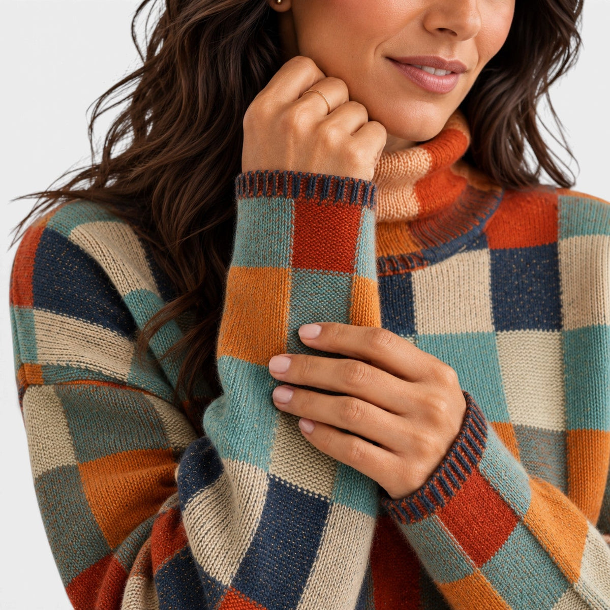 Jersey de cuadros mujer de cuello alto oversize 4