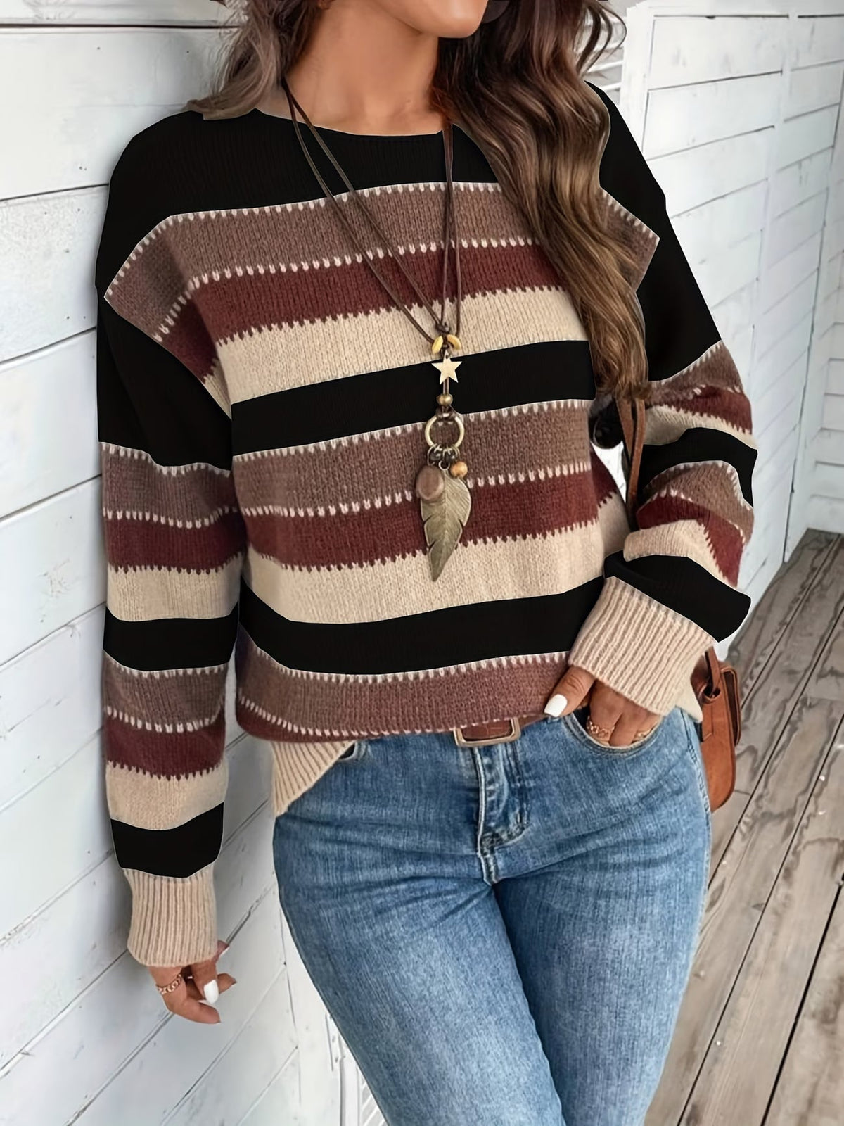 Jersey de punto a rayas de mujer con cuello redondo 1