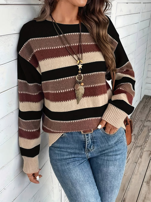 Jersey de punto a rayas de mujer con cuello redondo 1