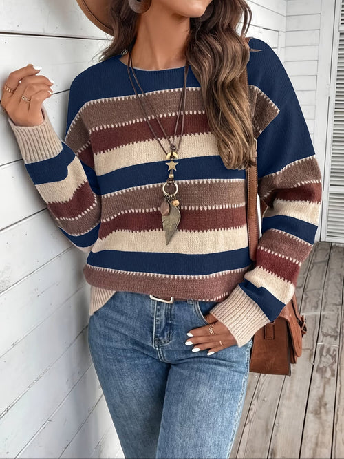 Jersey de punto a rayas de mujer con cuello redondo 15