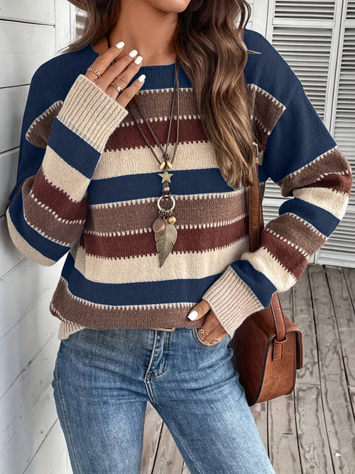 Jersey de punto a rayas de mujer con cuello redondo 16