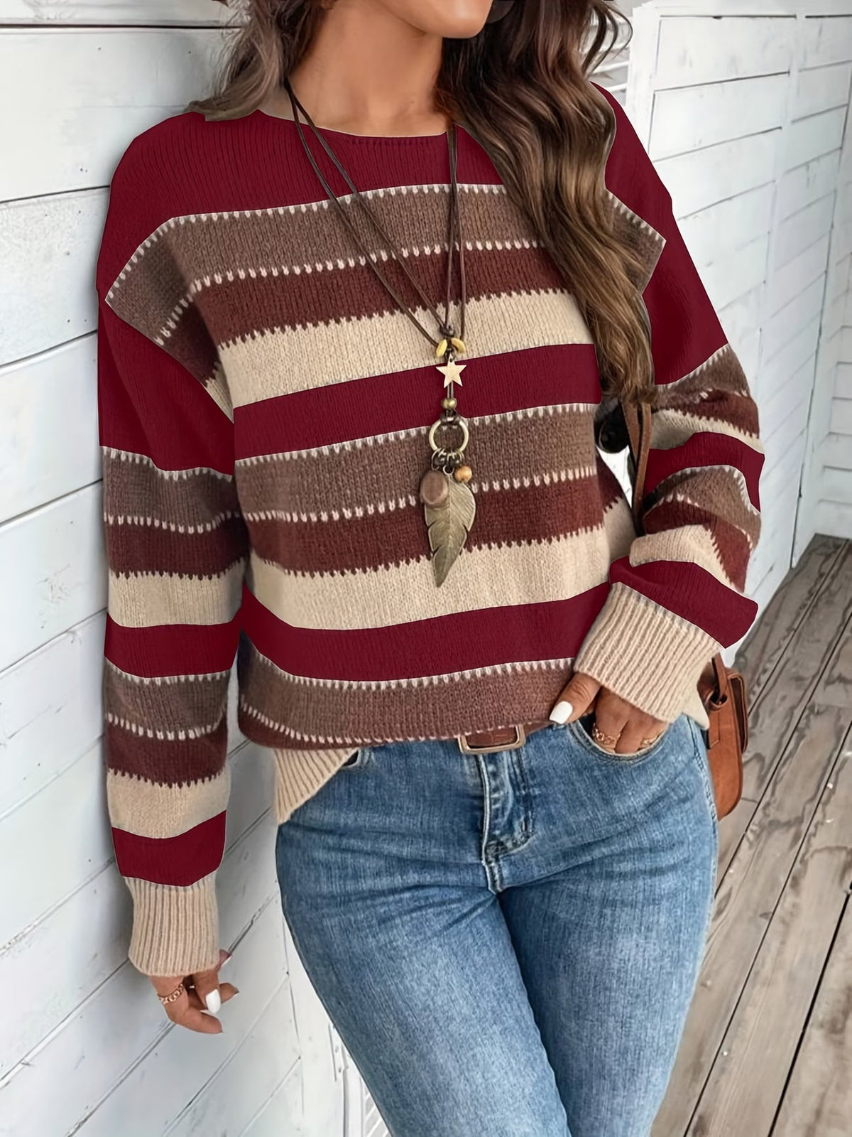 Jersey de punto a rayas de mujer con cuello redondo 2