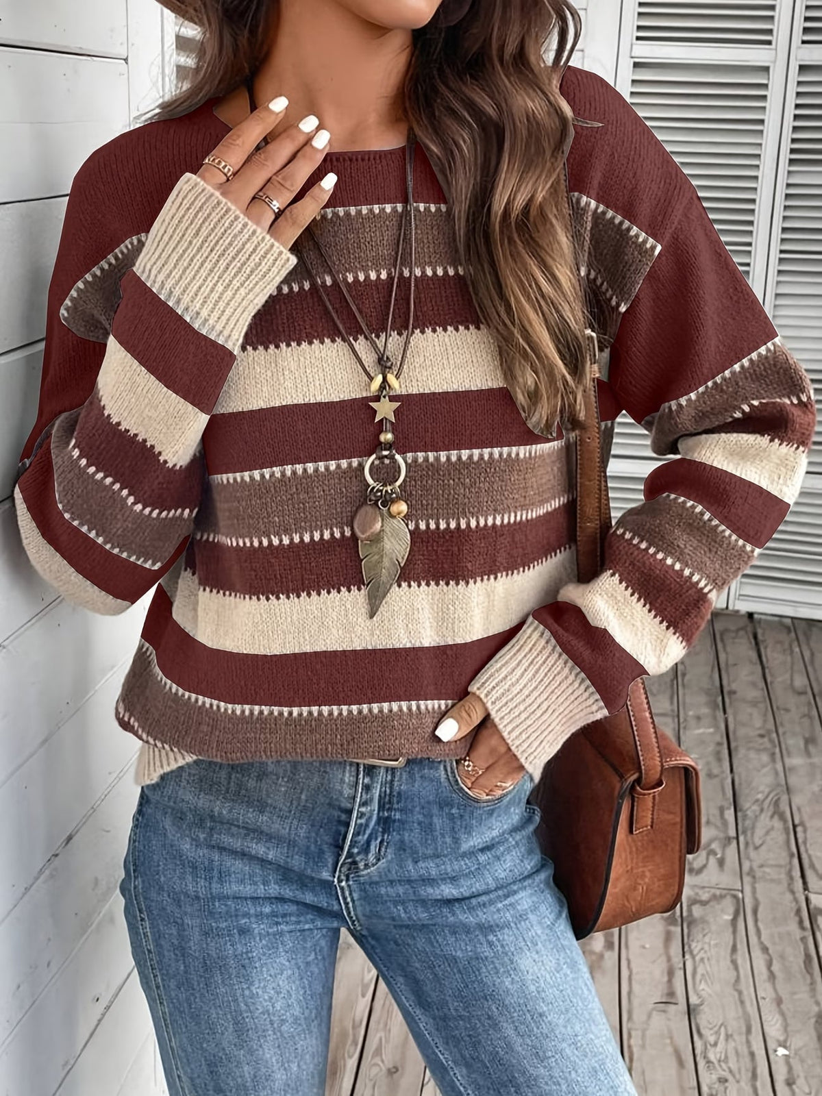 Jersey de punto a rayas de mujer con cuello redondo 23